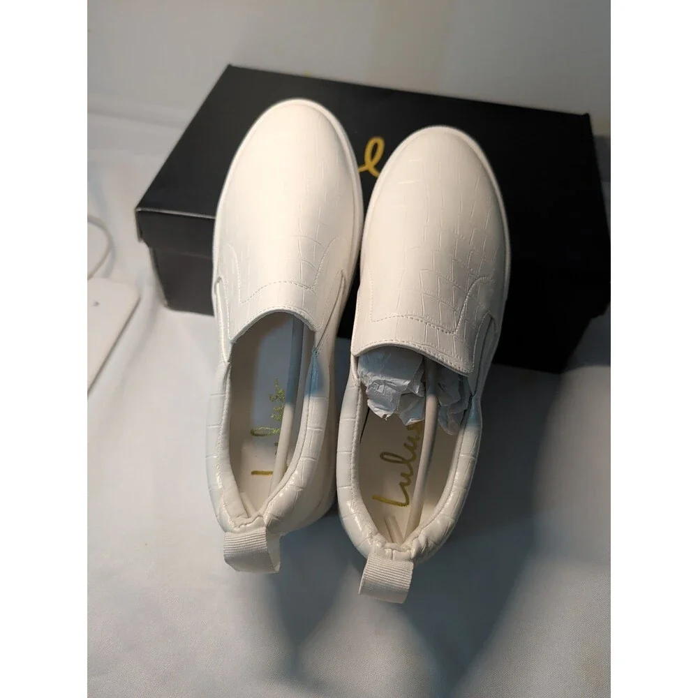 Lulus Cassay Platform Sneaker Women 6 1/2  Crocodile Embossed Slip On Shoe White - Picture 5 of 6